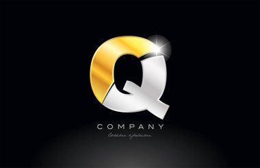 Q harfi alfabe simgesi simgesi tasarımı, siyah arkaplan üzerinde altın gümüş gri metal bir şirket veya işletme için uygundur.