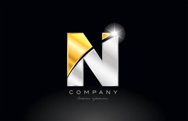 N harfi alfabe logo simgesi tasarımı. Siyah zemin üzerinde altın gümüş gri metal bir şirket veya işletme için uygundur.