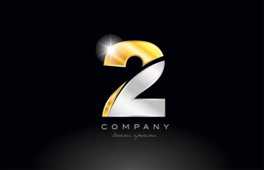 2 numaralı logo simgesi tasarımı, siyah zemin üzerinde altın gümüş gri metal bir şirket veya işletme için uygun.