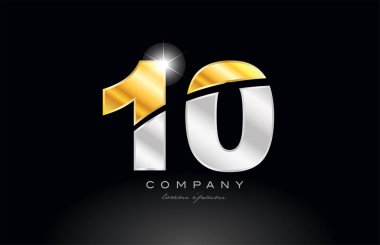 10 numaralı logo simgesi tasarımı, siyah zemin üzerinde altın gümüş gri metal bir şirket veya işletme için uygundur