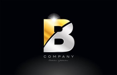 B harfi alfabe simgesi simgesi tasarımı. Siyah arkaplan üzerinde altın gümüş gri metal bir şirket veya işletme için uygundur.