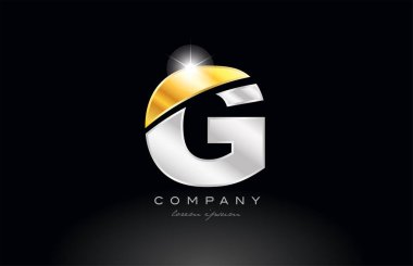 G harfi alfabe simgesi simgesi tasarımı. Siyah arkaplan üzerinde altın gümüş gri metal bir şirket veya işletme için uygundur.