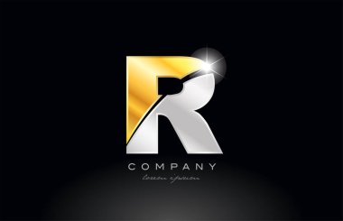 R harfi alfabe simgesi simgesi tasarımı. Siyah arka planda altın gri metal bir şirket veya işletme için uygundur.
