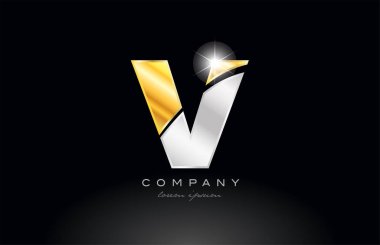 V harfi alfabe logo simgesi tasarımı, siyah arkaplan üzerinde altın gümüş gri metal bir şirket veya işletme için uygundur