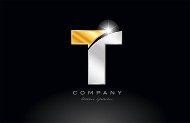 T harfi alfabe logo simgesi tasarımı. Siyah arka planda altın gri metal bir şirket veya işletme için uygundur.
