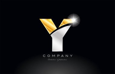 Y harfi alfabe simgesi simgesi tasarımı, siyah arkaplan üzerinde altın gümüş gri metal bir şirket veya işletme için uygundur