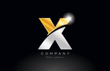 X harfi alfabe simgesi simgesi tasarımı, siyah arkaplan üzerinde altın gümüş gri metal bir şirket veya işletme için uygundur