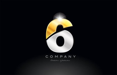 6 numaralı logo simgesi tasarımı, siyah zemin üzerinde altın gümüş gri metal bir şirket veya işletme için uygundur.