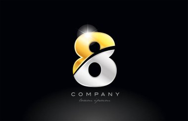 8 numaralı logo simgesi tasarımı, siyah zemin üzerinde altın gümüş gri metal bir şirket veya işletme için uygun.