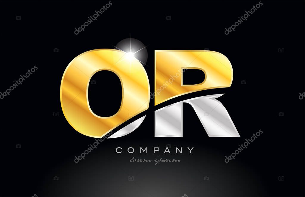 Combination letter OR O R alphabet logo icon design with gold silver grey metal on black background suitable for a company or business