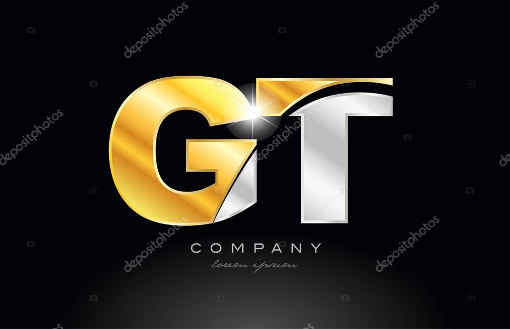 Combination letter gt g t alphabet logo icon design with gold silver grey metal on black background suitable for a company or business