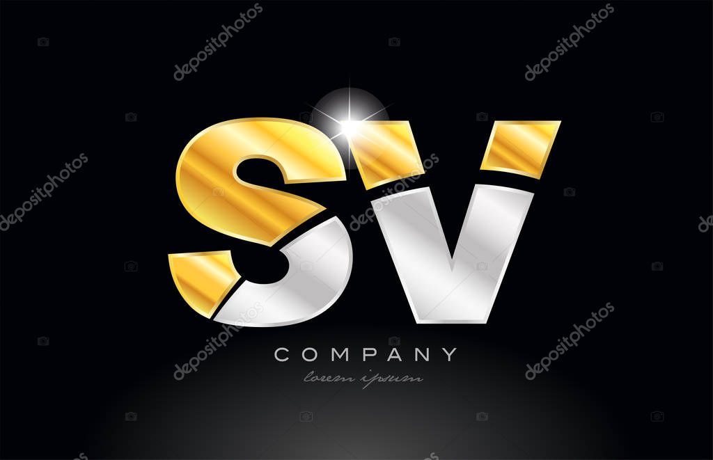 Combination letter sv s v alphabet logo icon design with gold silver grey metal on black background suitable for a company or business