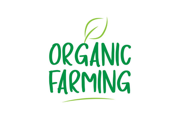 organic farming green word text with leaf icon logo design 