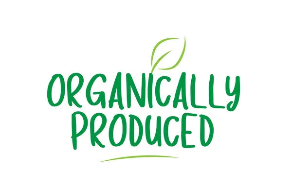 Testo di parola verde prodotto organicamente con disegno del logo icona foglia — Vettoriale Stock