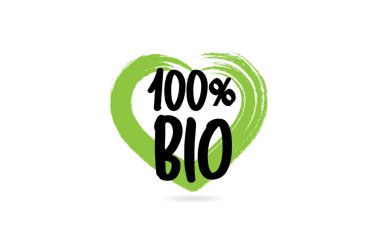 Yeşil aşk kalp şekli simgesi ile% 100 biyo metin kelime