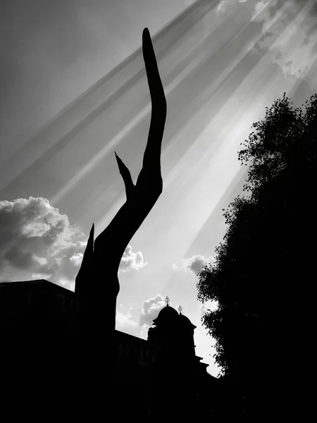 木のシルエットを持つ教会の白黒写真 ロイヤリティフリーのストック写真