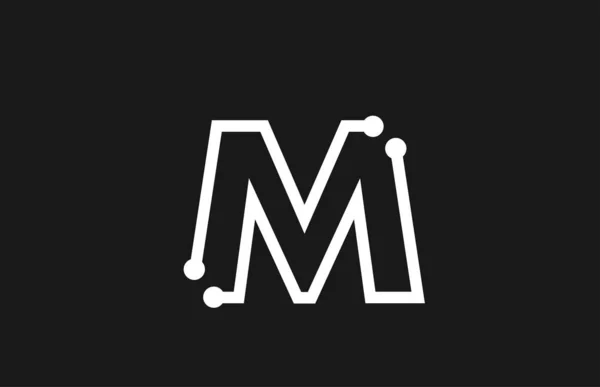 Alfabet letter M zwart-wit logo ontwerp met lijn en stippen — Stockvector