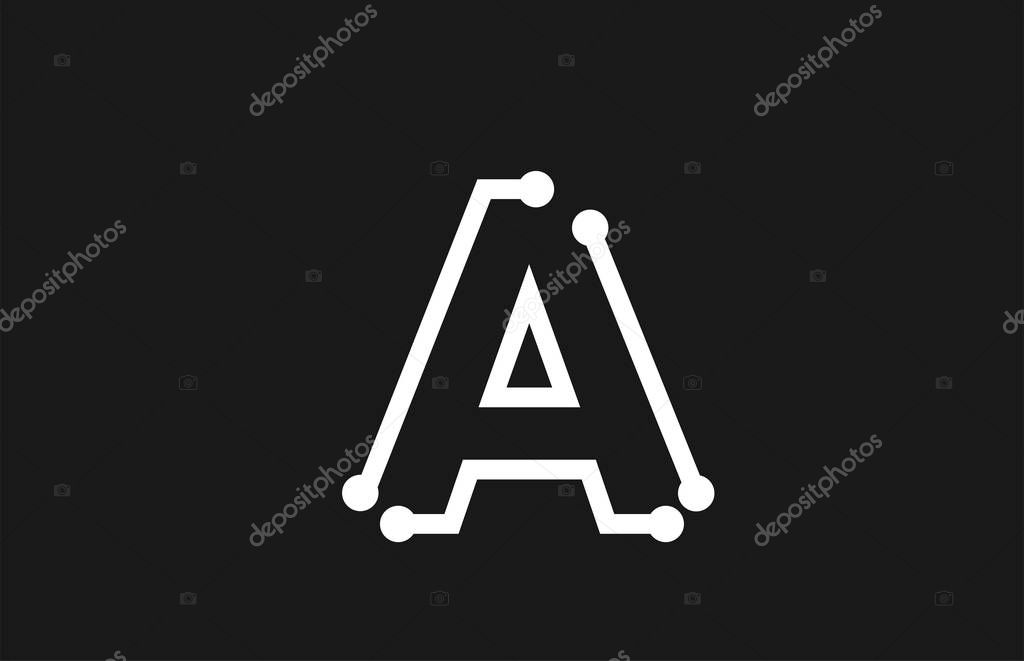 Alphabet letter A black and white logo design with line and dots suitable as a logotype for a technology company or business