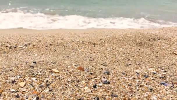 Видео Закрыть Вид Песок Размытые Размытые Морские Волны Дробления Брызги — стоковое видео