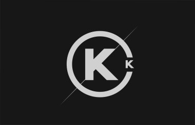 K harfi alfabesi logo simgesi. Şirket kimliği için siyah beyaz çizgi ve daire tasarımı