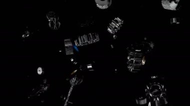 Karanlık dişli dijital görsel animasyon. Başlıklarda, sunumlarda veya VJ kullanımında kullanmak için ideal döngüsüz renksiz geometrik patlayıcı etkisi görüntüsü.