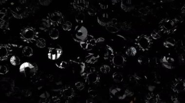 Karanlık dişli dijital görsel animasyon. Başlıklarda, sunumlarda veya VJ kullanımında kullanmak için ideal döngüsüz renksiz geometrik patlayıcı etkisi görüntüsü.