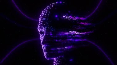 Dijital yüz dijital görsel animasyon. Başlıklarda, sunumlarda veya VJ kullanımında kullanmak için ideal döngüsüz renksiz geometrik patlayıcı etkisi görüntüsü.