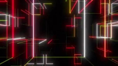 Şebeke neon dijital görsel animasyon. Başlıklarda, sunumlarda veya VJ kullanımında kullanmak için ideal döngüsüz renksiz geometrik patlayıcı etkisi görüntüsü. 