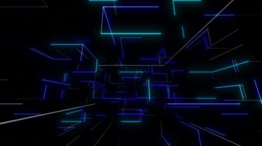 Şebeke neon dijital görsel animasyon. Başlıklarda, sunumlarda veya VJ kullanımında kullanmak için ideal döngüsüz renksiz geometrik patlayıcı etkisi görüntüsü. 