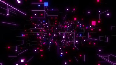 Şebeke neon dijital görsel animasyon. Başlıklarda, sunumlarda veya VJ kullanımında kullanmak için ideal döngüsüz renksiz geometrik patlayıcı etkisi görüntüsü. 
