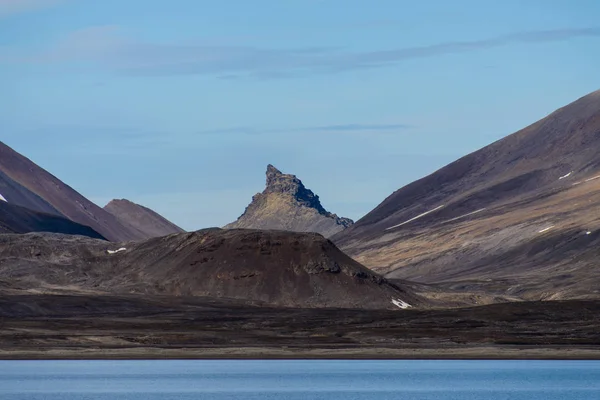 Barren landscape with hills and brown rocks in Antarctica