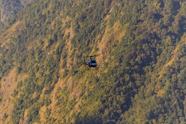 Dağ Orman Ağaçların Karşı Uçan Helikopter — Stok fotoğraf