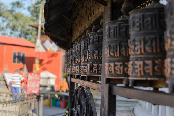 Primo Piano Delle Ruote Preghiera Swayambhunath Kathmandu Nepal — Foto Stock