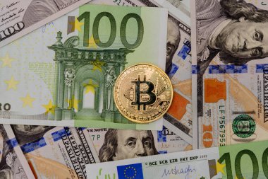 Bitcoin altın Euro ve dolar banknotların arka plan üzerinde