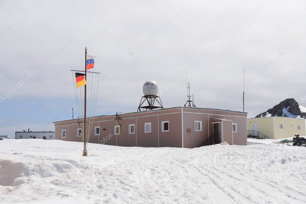 Bellingshausen Russian Antarctic research station on King George island (sign on Russian: USSR Bellingshausen research station 22 February 1968)