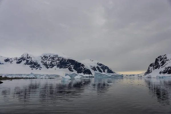 Антарктический Ландшафт Айсбергами Отражением — стоковое фото