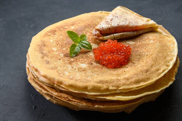 Stack Pancakes Red Caviar Dark Rustic Background Close — Stock Photo, Image