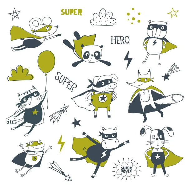 Superhero Ilustrasi Vektor Kartun Hewan Kecil Dengan Kostum Superhero - Stok Vektor