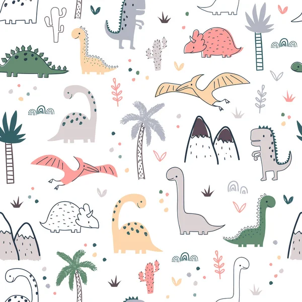 Cartoon Nahtlose Muster Mit Dinosauriern Und Palmen Vektorillustration Für Kinder — Stockvektor