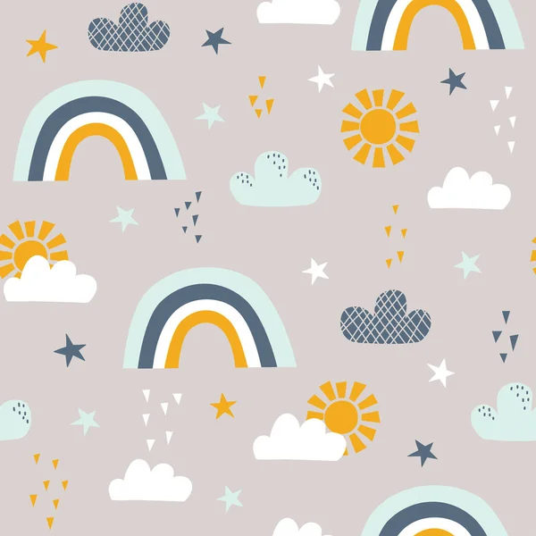 Patrón Infantil Sin Costuras Con Sol Arco Iris Nubes Estrellas — Vector de stock