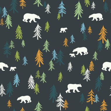 Ağaçlar ve karanlık bir arka plan üzerinde ayılar ile Seamless modeli. Vektör çizim. Kullanmak için dokuma, baskı, yüzey tasarımı, moda çocuk giyim