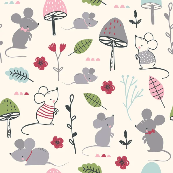Nahtloses Kindliches Muster Mit Mäusen Pilzen Und Blumen Vektorillustration Verwendung — Stockvektor