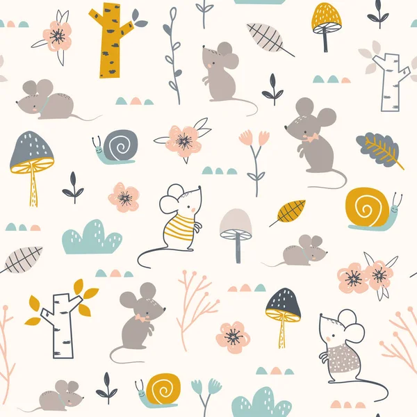 Nahtloses Kindliches Muster Mit Mäusen Schnecken Und Blumen Vektorillustration Verwendung — Stockvektor