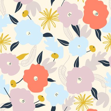 Soyut çiçek ile Seamless modeli. Karikatür vektör çizim yüzey tasarımı, Moda Giyim Tekstil için yazdırma, kullanın