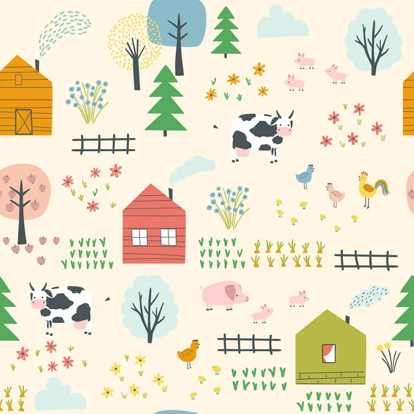 Seamless landscape pattern with village, cows, chickens, piglets and plants. Vector illustration. Use for textile, print, surface design, fashion kids wear