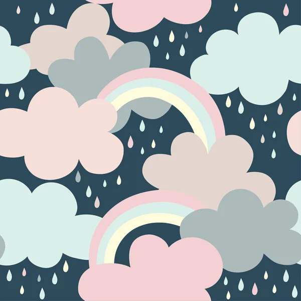 Patrón Sin Costuras Con Nubes Arco Iris Gotas Uso Ilustración — Vector de stock