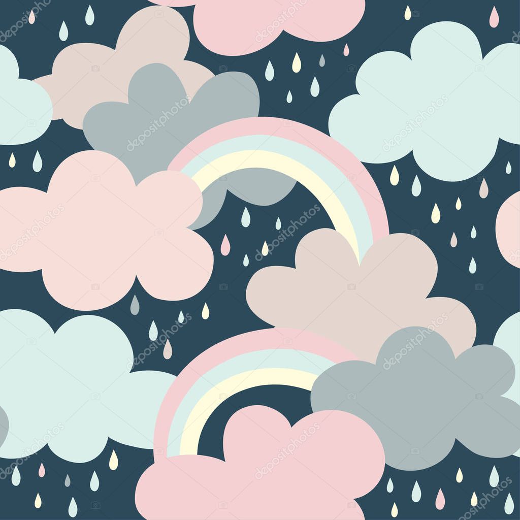 Seamless pattern with clouds, rainbow and drops. Cartoon vector illustration use for textile, print, surface design, fashion kids wear