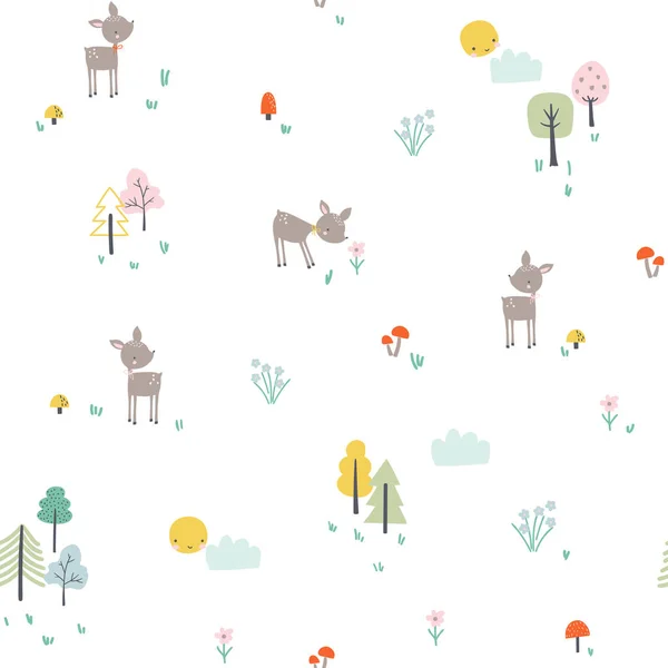 Дитячий візерунок з маленькими оленями в лісі — стоковий вектор