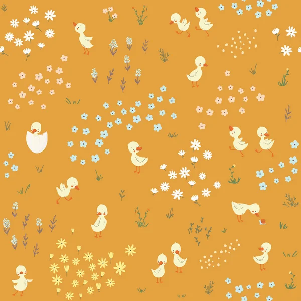 Cute little ducks childish seamless pattern — Stock Vector