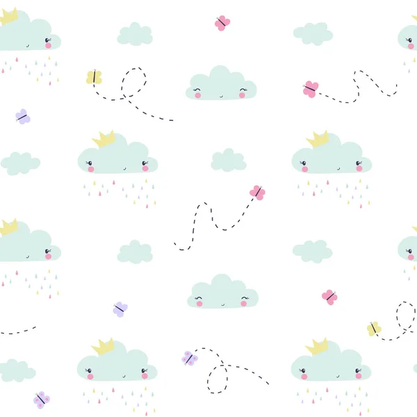 手绘云彩和蝴蝶幼稚的无缝图案 — 图库矢量图片